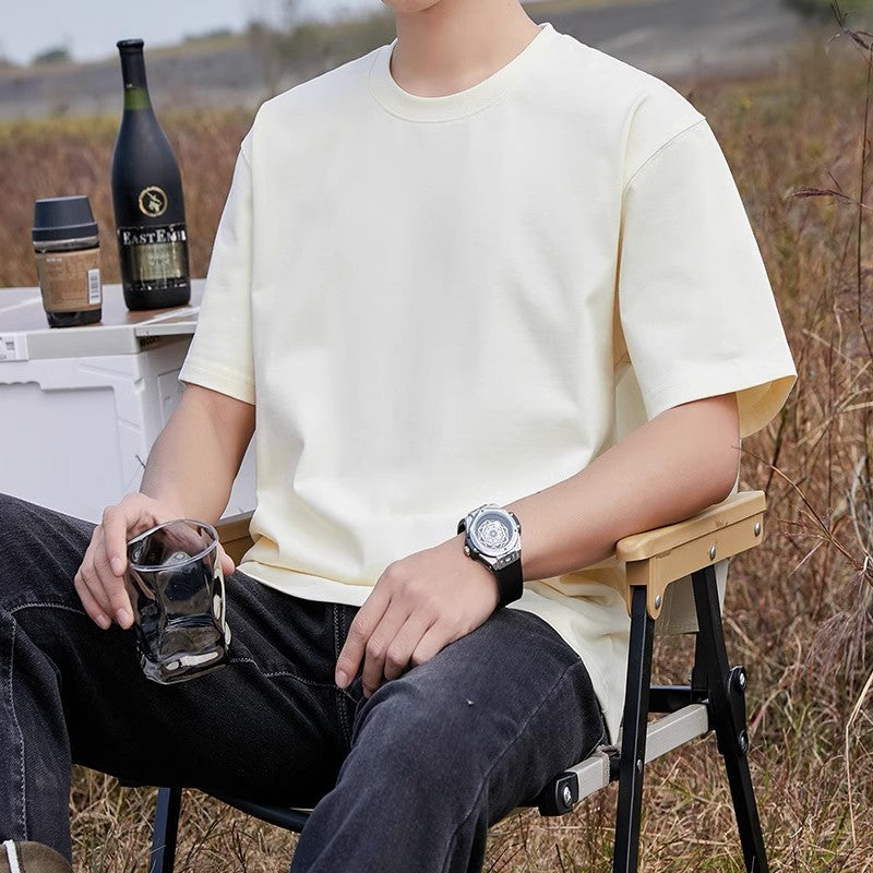 Heavyweight Pure Cotton Short-Sleeve T-Shirt for Men, Summer Loose Half-Sleeve Solid Color Everyday Retro Casual Base Shirt, Fashionable Style
