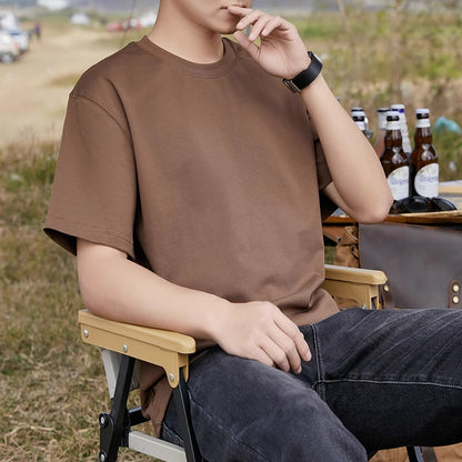 Heavyweight Pure Cotton Short-Sleeve T-Shirt for Men, Summer Loose Half-Sleeve Solid Color Everyday Retro Casual Base Shirt, Fashionable Style