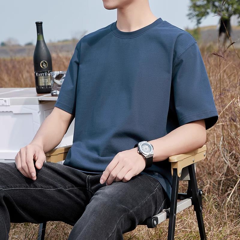 Heavyweight Pure Cotton Short-Sleeve T-Shirt for Men, Summer Loose Half-Sleeve Solid Color Everyday Retro Casual Base Shirt, Fashionable Style