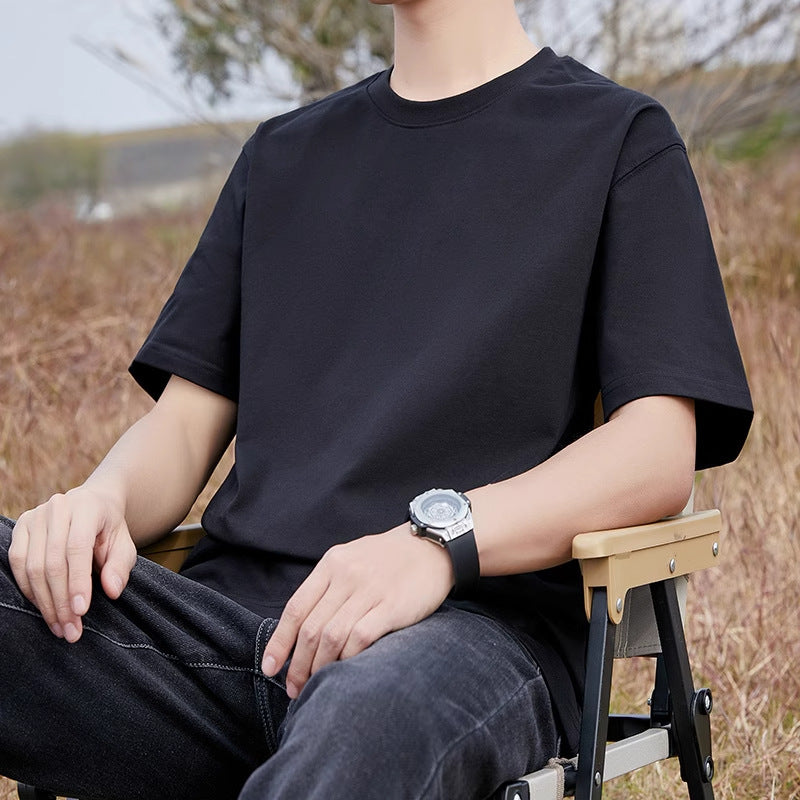 Heavyweight Pure Cotton Short-Sleeve T-Shirt for Men, Summer Loose Half-Sleeve Solid Color Everyday Retro Casual Base Shirt, Fashionable Style