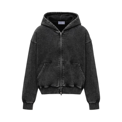 Heavyweight Washed Cotton Zip Up Hooded Sweatshirt