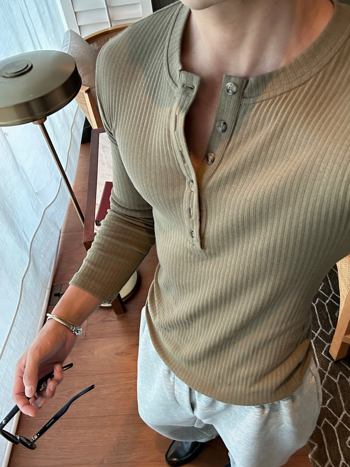 Henley Collar Slim Fit Long Sleeve T-Shirt