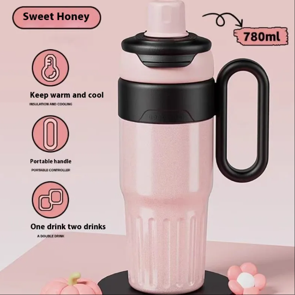 High color value large capacity straw ice cup double vacuum thermos cup creative warm color double drink handle cup wholesale