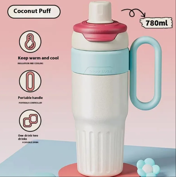 High color value large capacity straw ice cup double vacuum thermos cup creative warm color double drink handle cup wholesale