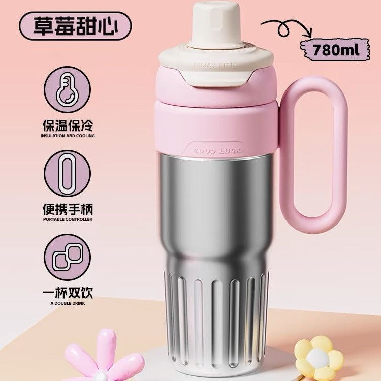 High color value large capacity straw ice cup double vacuum thermos cup creative warm color double drink handle cup wholesale