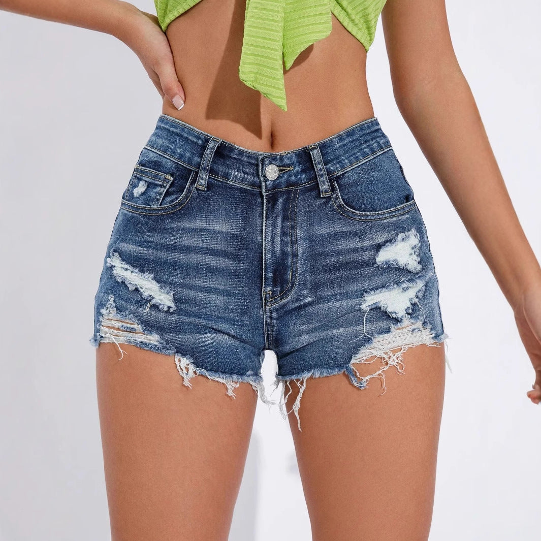 High Elasticity Distressed Denim Shorts