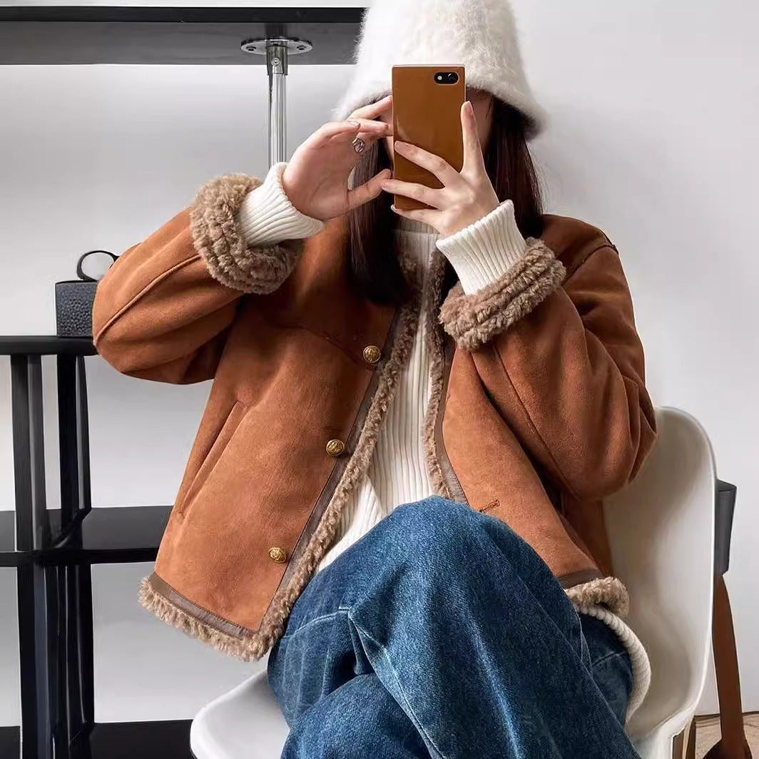 High-End Small Fragrant Lamb Plush Outwear Women's Winter Short Fur One-Piece Jacket