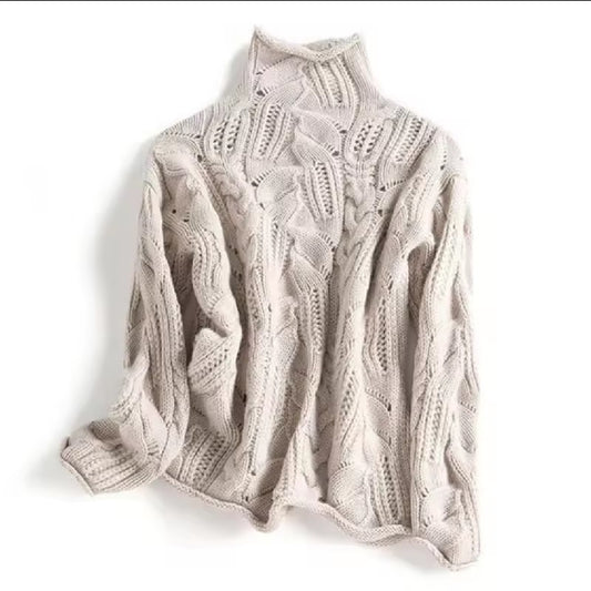 High Neck Cable Knit Cashmere Blend Sweater