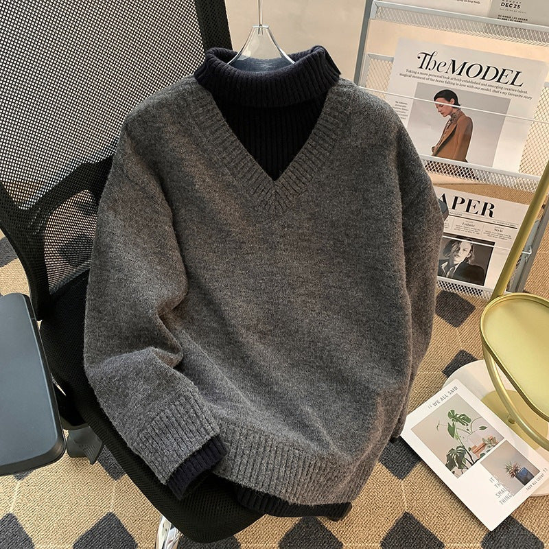 High Neck Fake Two Piece Mens Knit Sweater
