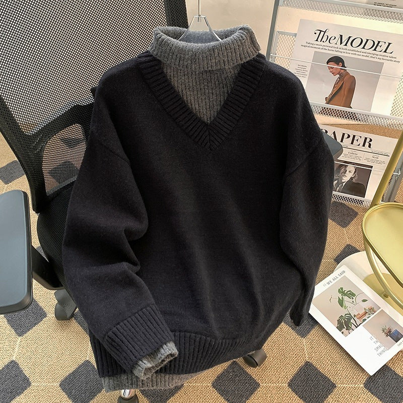 High Neck Fake Two Piece Mens Knit Sweater
