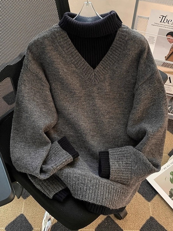 High Neck Fake Two Piece Mens Knit Sweater