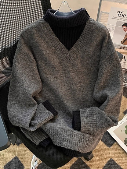 High Neck Fake Two Piece Mens Knit Sweater