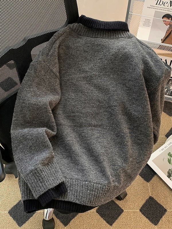 High Neck Fake Two Piece Mens Knit Sweater