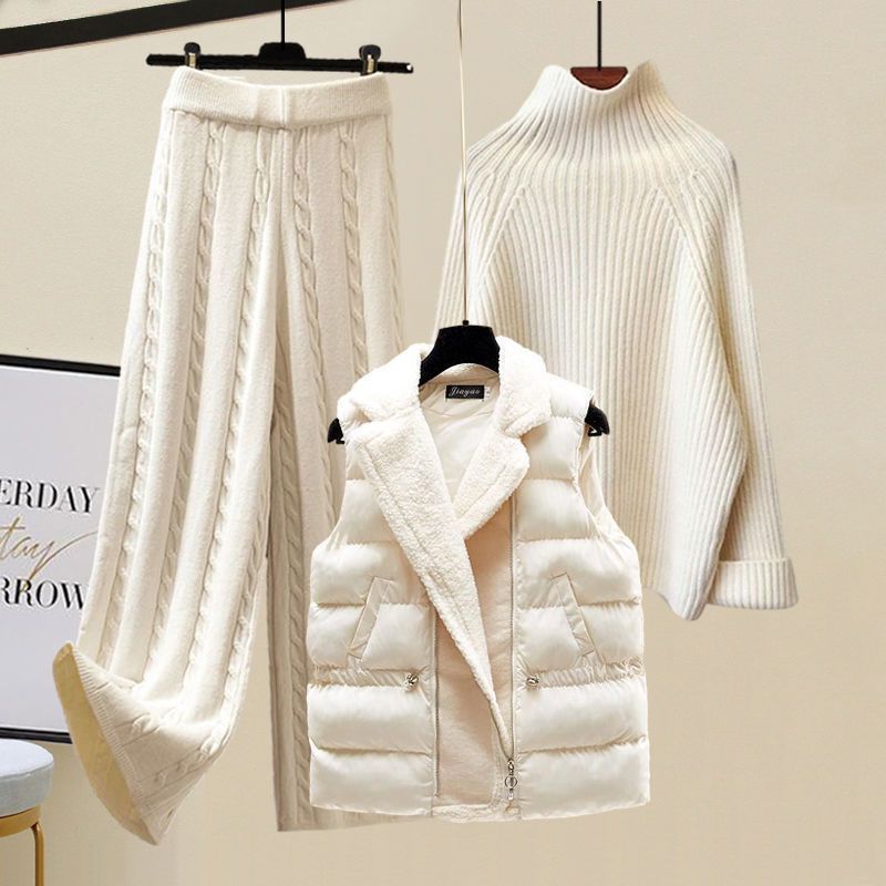 High-neck knitted sweater plus wide-leg pants set