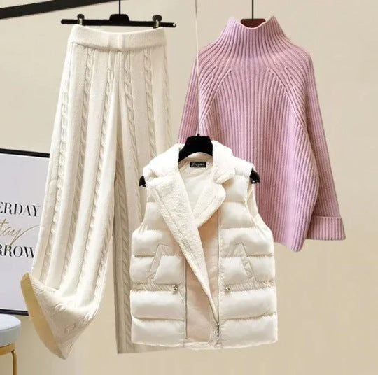 High-neck knitted sweater plus wide-leg pants set