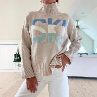 High-Neck Letter Long-Sleeve Knitted Sweater