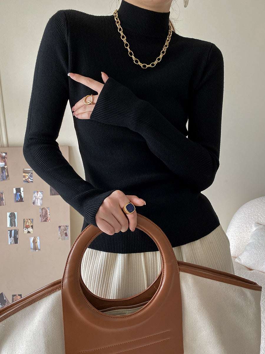 High-neck long-sleeved slim-fit knit top as a base layer