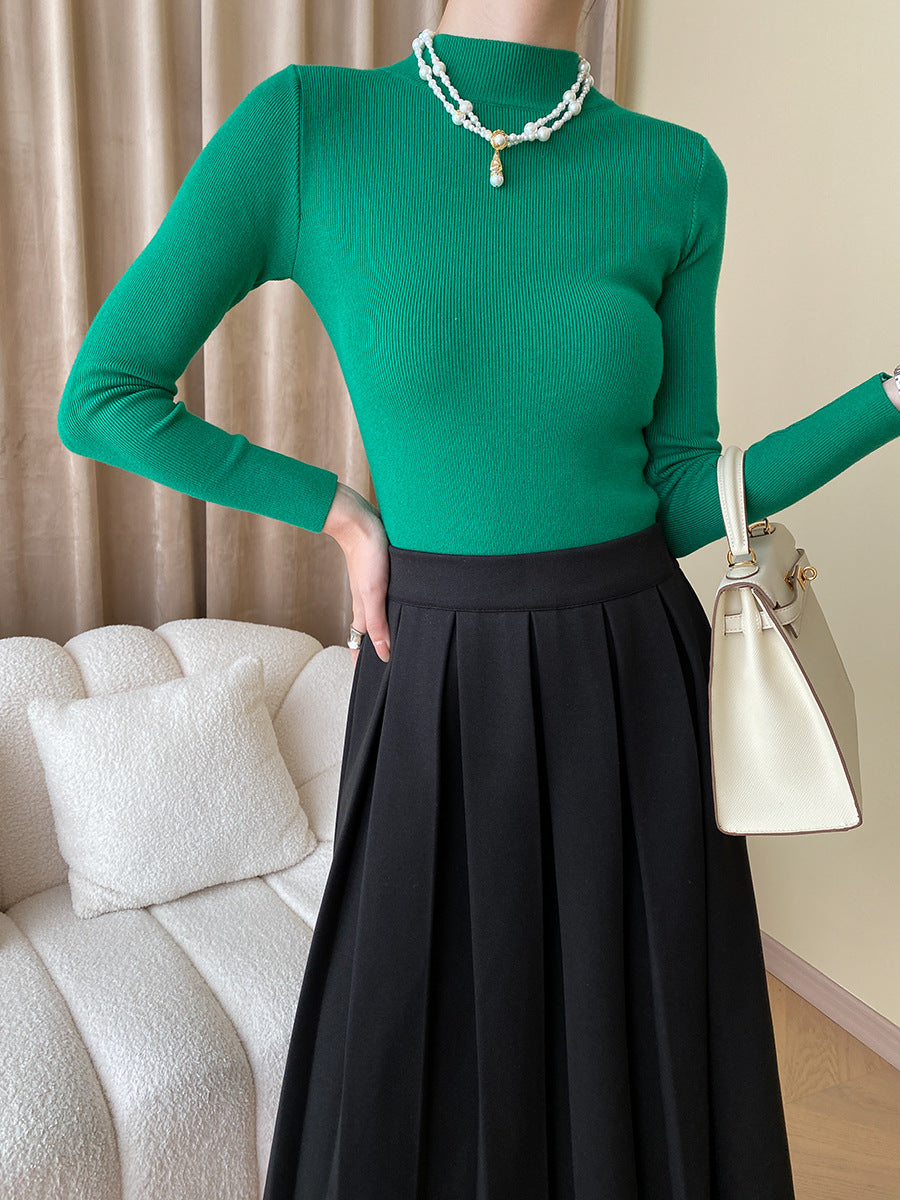 High-neck long-sleeved slim-fit knit top as a base layer