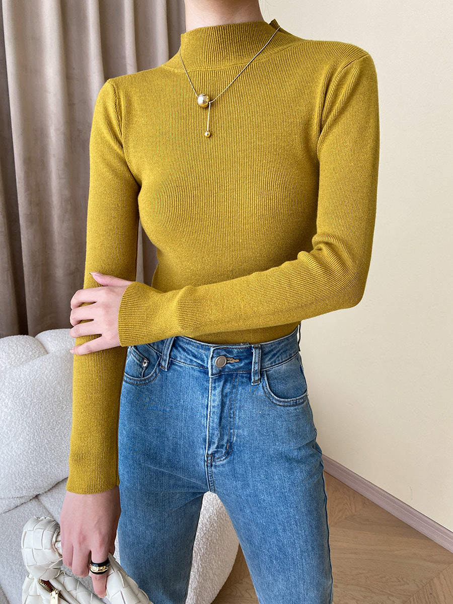 High-neck long-sleeved slim-fit knit top as a base layer