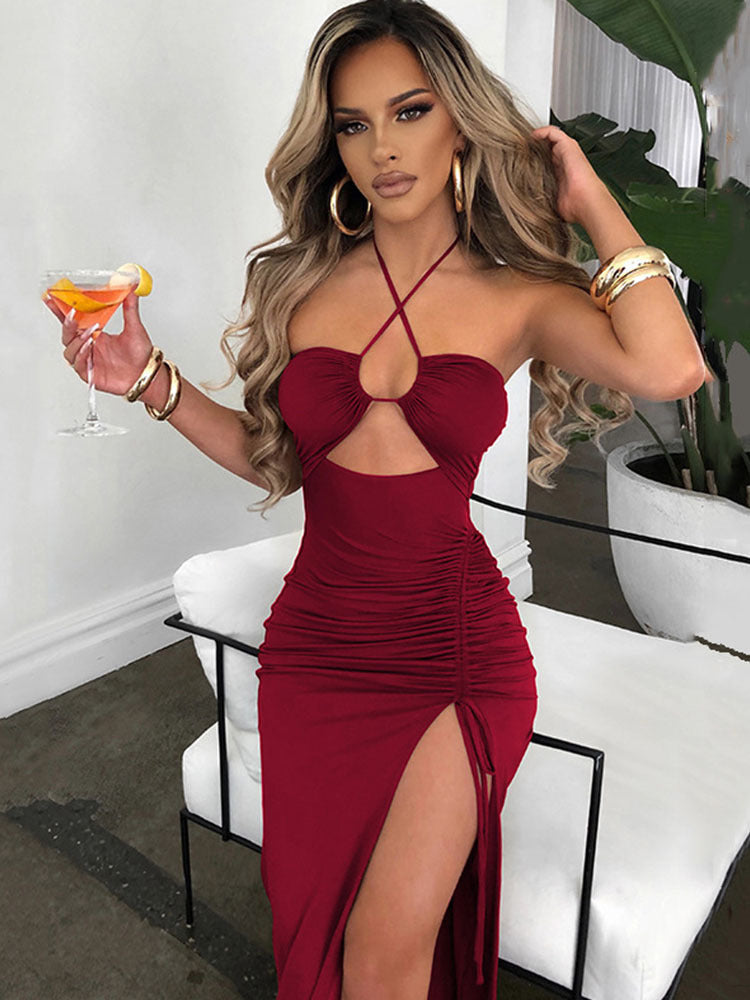High Slit Wrinkled Halter Style Elegant Breast-Revealing Long Skirt