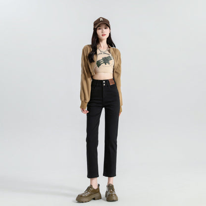 High Waist Denim Pants Women Straight Leg Stretch Jeans