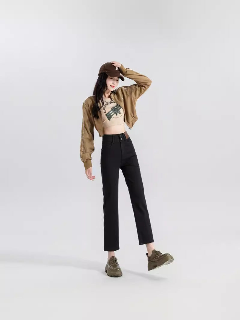 High Waist Denim Pants Women Straight Leg Stretch Jeans