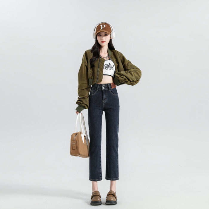 High Waist Denim Pants Women Straight Leg Stretch Jeans