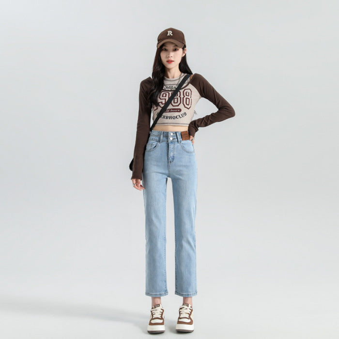 High Waist Denim Pants Women Straight Leg Stretch Jeans