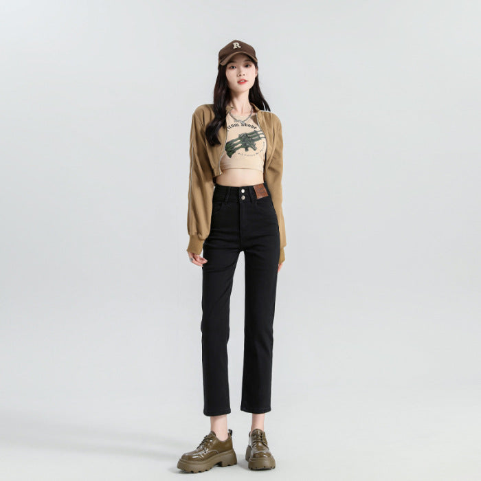 High Waist Denim Pants Women Straight Leg Stretch Jeans