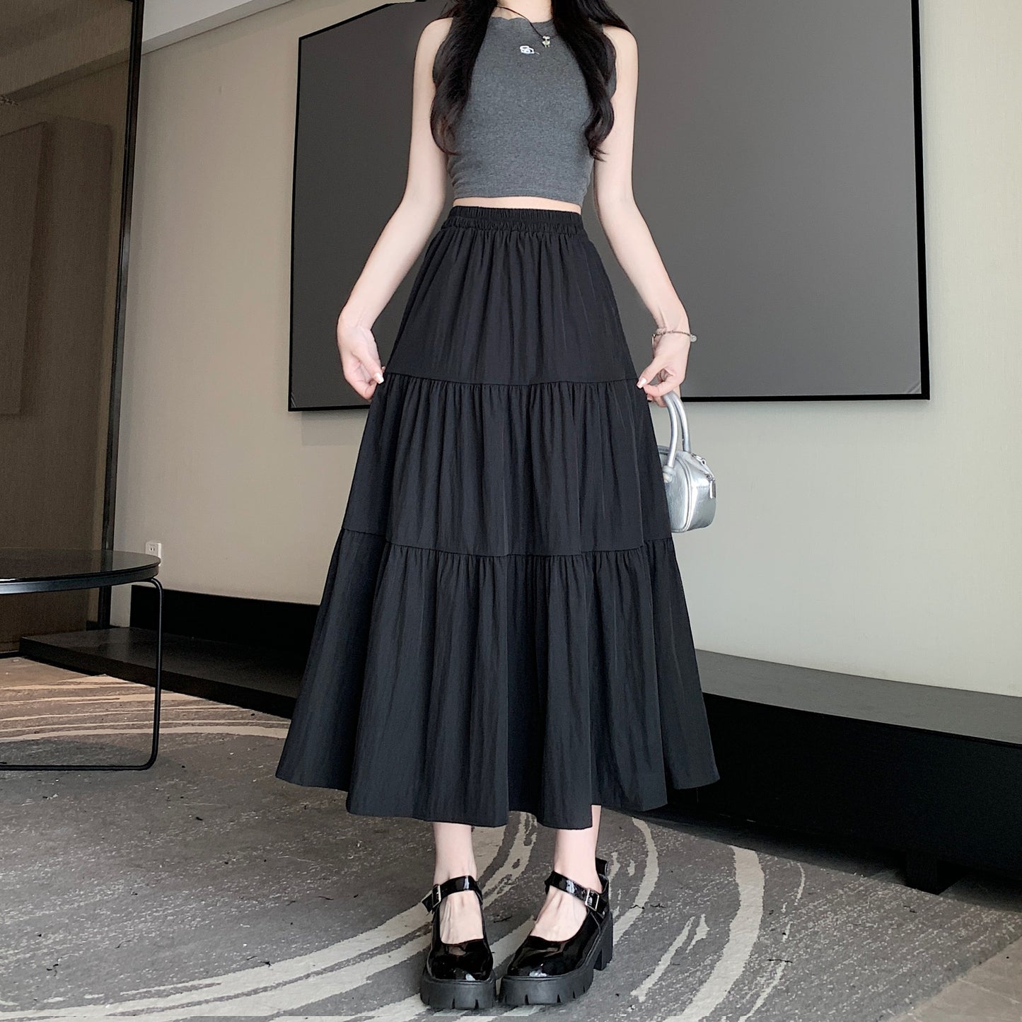 High Waist Layered A-Line Midi Skirt