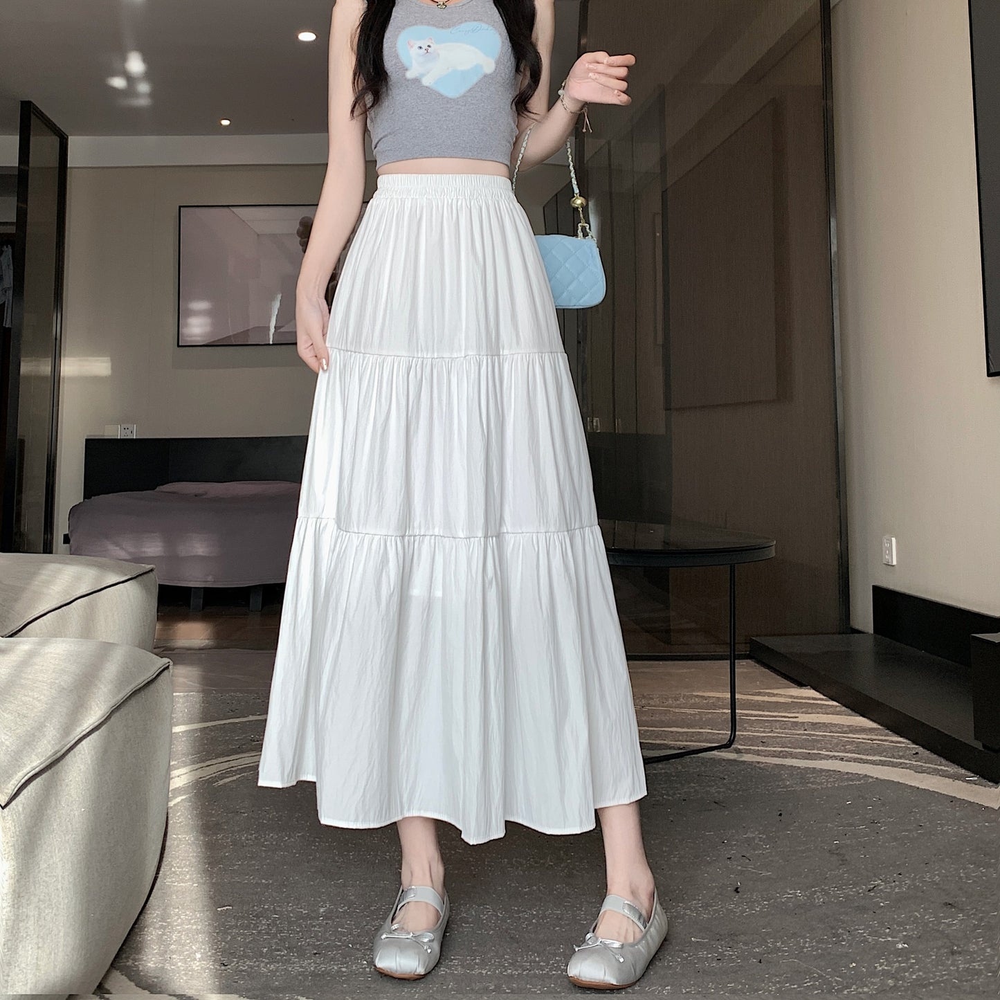 High Waist Layered A-Line Midi Skirt