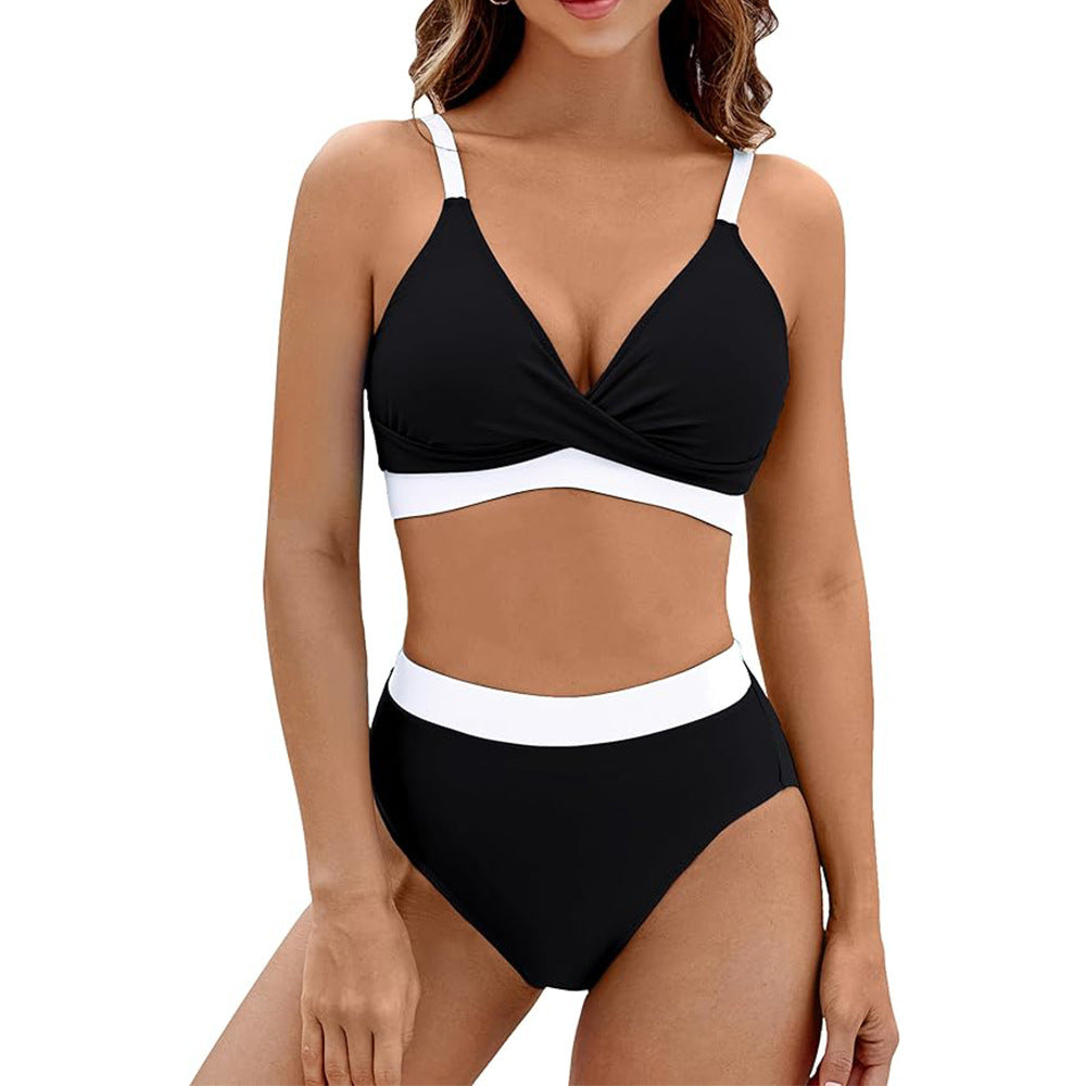High Waist Sports Swimsuit Contrast Color Cross Sexy Swimsuit