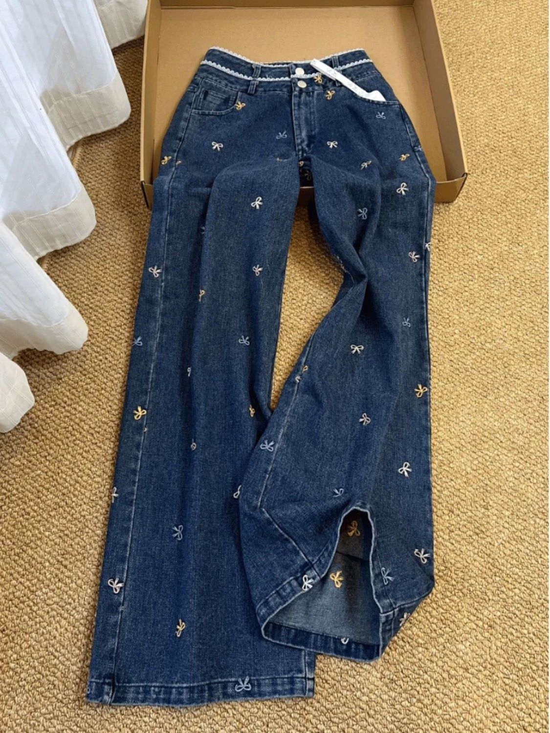 High Waist Wide Leg Bow Jeans