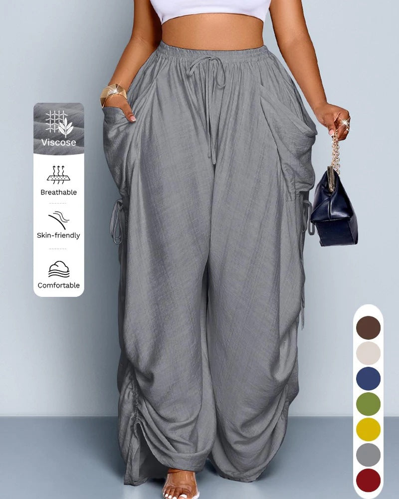 High Waist Wide Leg Linen Blend Drawstring Pants