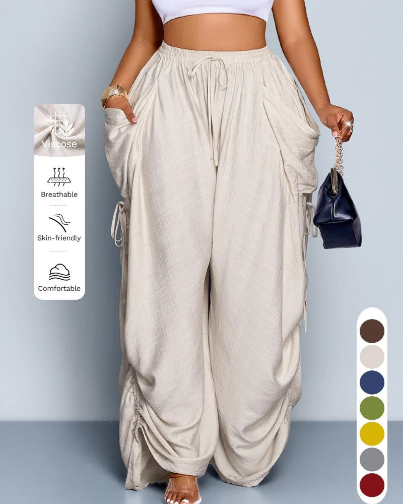 High Waist Wide Leg Linen Blend Drawstring Pants