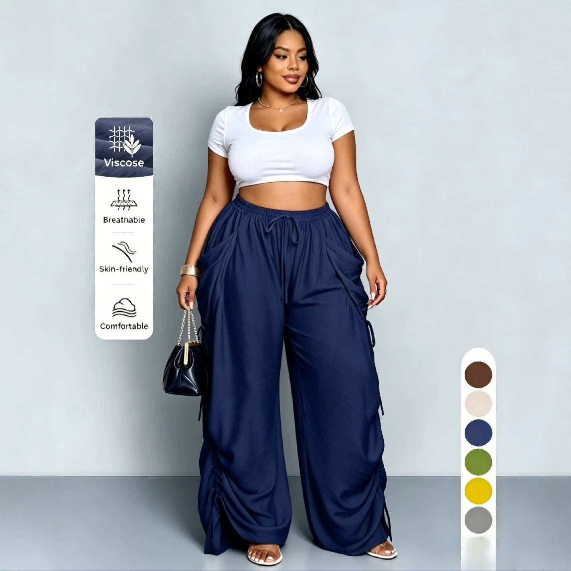 High Waist Wide Leg Linen Blend Drawstring Pants