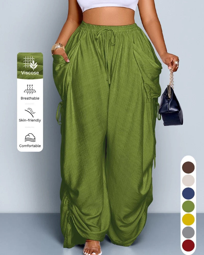High Waist Wide Leg Linen Blend Drawstring Pants