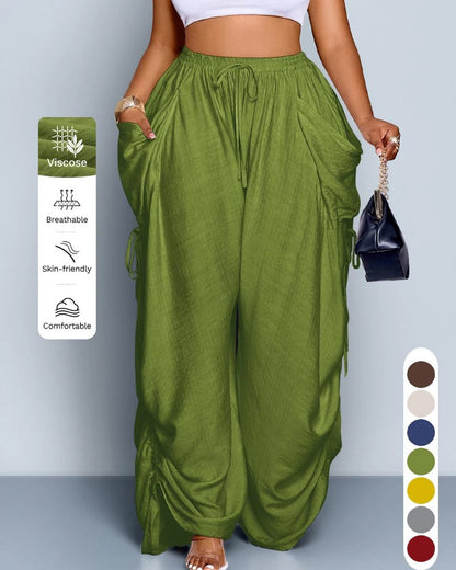 High Waist Wide Leg Linen Blend Drawstring Pants