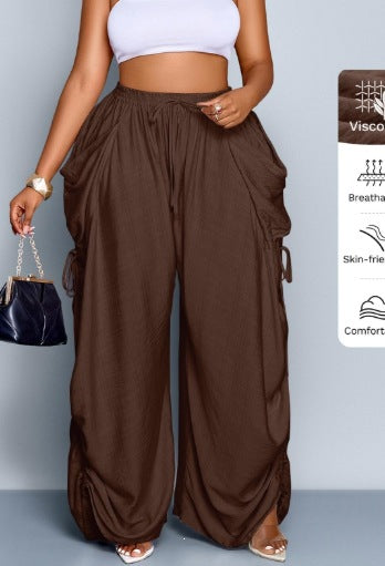 High Waist Wide Leg Linen Blend Drawstring Pants