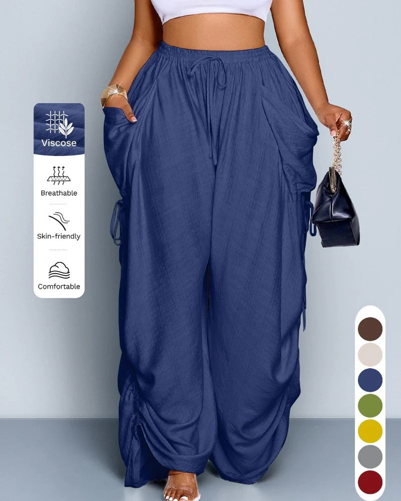 High Waist Wide Leg Linen Blend Drawstring Pants