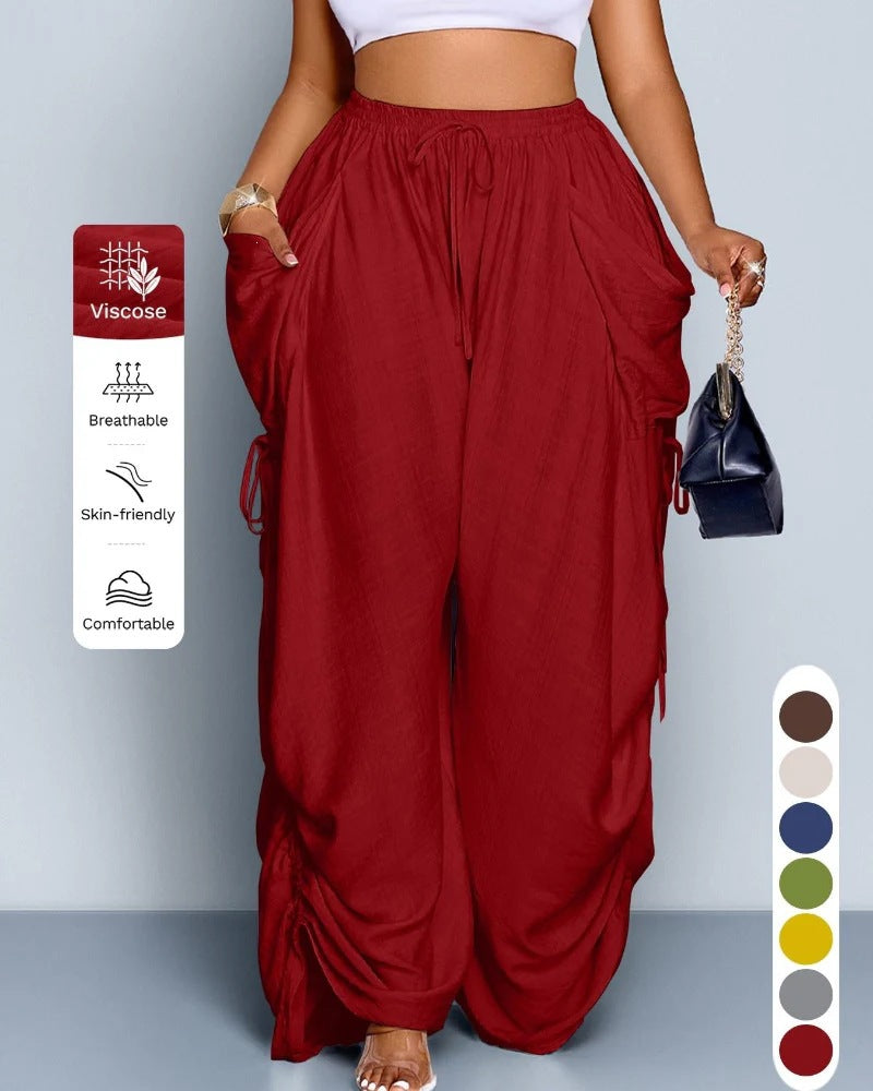 High Waist Wide Leg Linen Blend Drawstring Pants