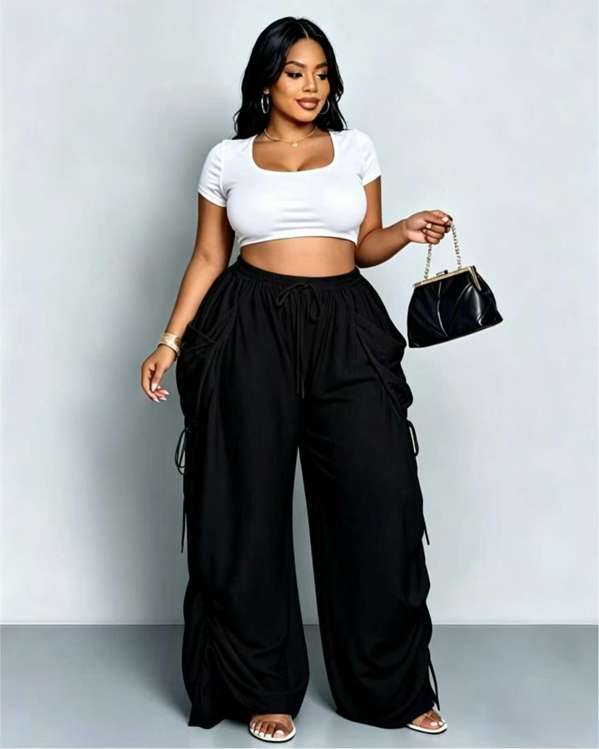 High Waist Wide Leg Linen Blend Drawstring Pants