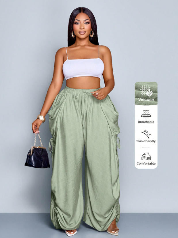 High Waist Wide Leg Linen Blend Drawstring Pants