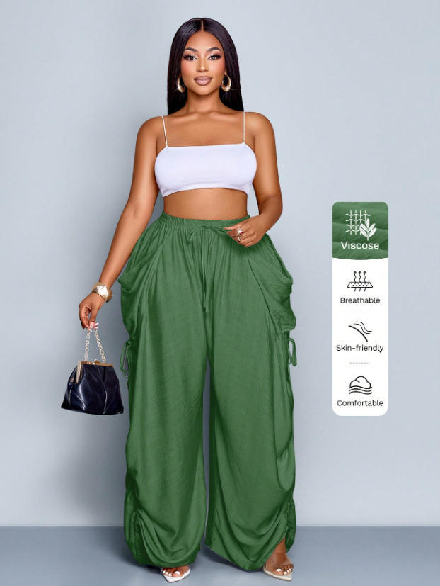High Waist Wide Leg Linen Blend Drawstring Pants
