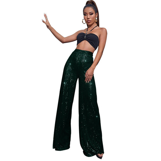 High-waisted sequined loose wide-leg pants for women