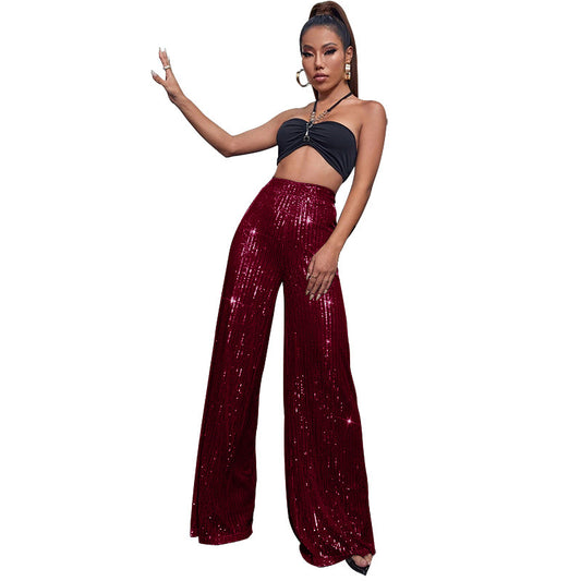 High-waisted sequined loose wide-leg pants for women
