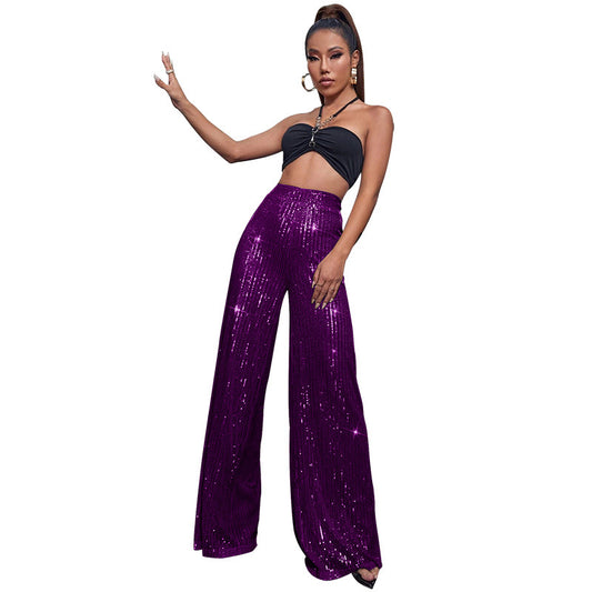 High-waisted sequined loose wide-leg pants for women
