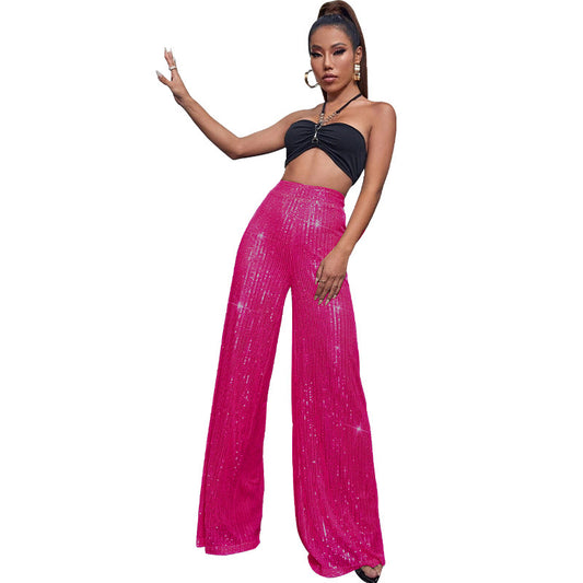 High-waisted sequined loose wide-leg pants for women