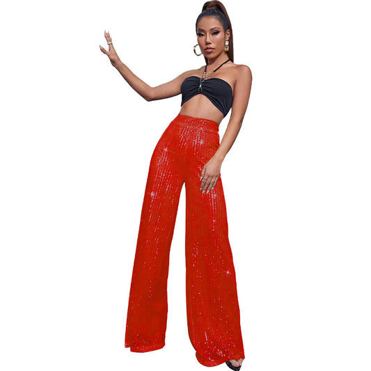 High-waisted sequined loose wide-leg pants for women