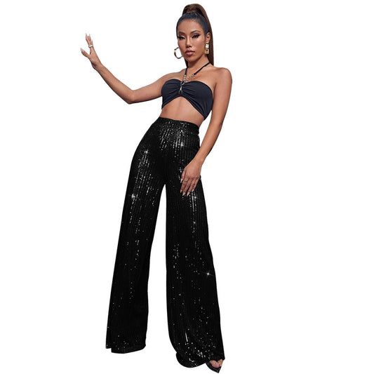 High-waisted sequined loose wide-leg pants for women